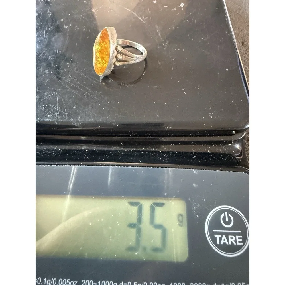 Vintage Navajo Sterling Silver Baltic Amber Ring John Delvin Signed Split Shank